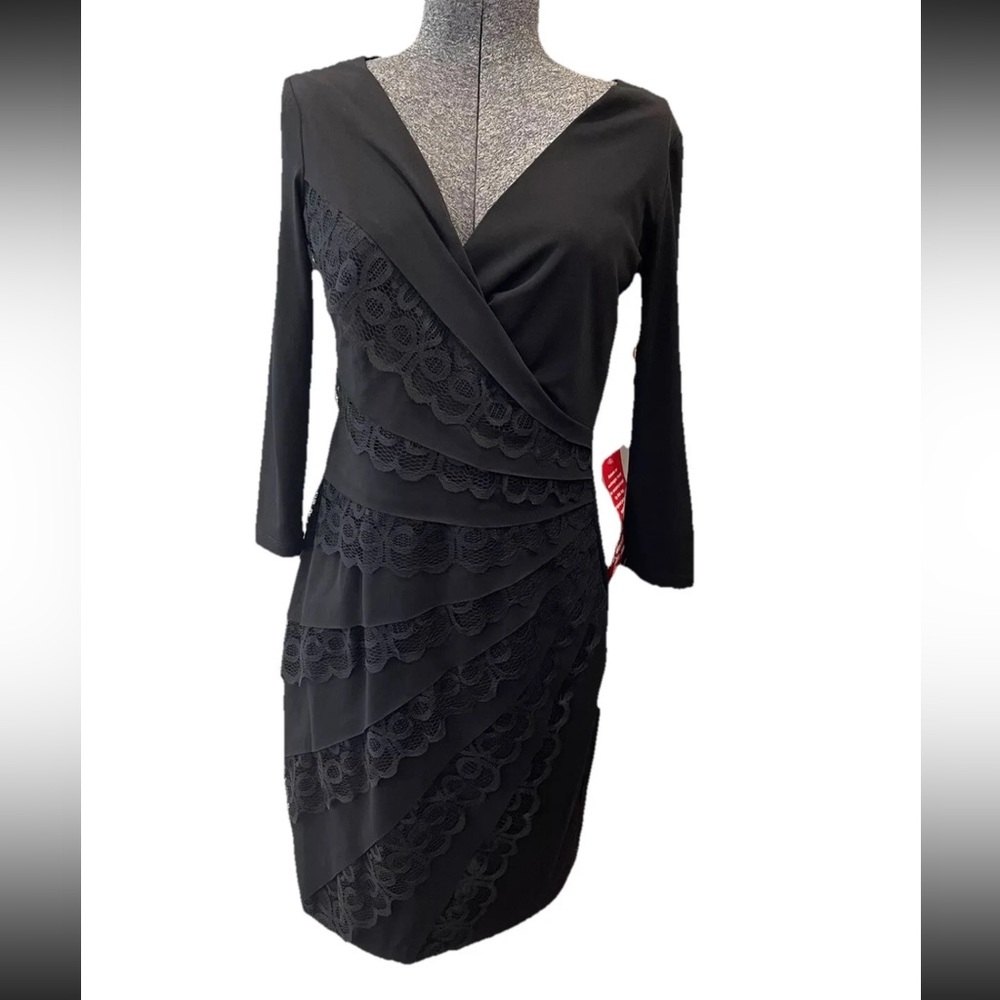 🆕London Times NWT all black polyester lace dress size 6-3/4 sleeve-cocktail-part